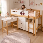 Детско Комбинирано Легло GINGER HOME CHERRY с Бюро, Скрин, Шкаф и Подматрачна Рамка, 90x200 см