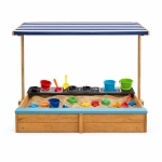 Детски Дървен Пясъчник 3в1 с Кухня, Пейка и Сенник с UV Защита GINGER HOME – Игра на Открито (110x114x110 см)