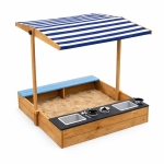 Детски Дървен Пясъчник 3в1 с Кухня, Пейка и Сенник с UV Защита GINGER HOME – Игра на Открито (110x114x110 см)