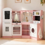 Голяма Детска Дървена Кухня GINGER HOME, Ъглова с Мивка с Течаща Вода, Звук и Светлина, Хладилник, Микровълнова, Пералня, Прозорец, Завеси и Аксесоари, 134x80x99 см