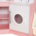 Голяма Детска Дървена Кухня GINGER HOME, Ъглова с Мивка с Течаща Вода, Звук и Светлина, Хладилник, Микровълнова, Пералня, Прозорец, Завеси и Аксесоари, 134x80x99 см