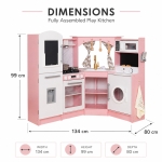 Голяма Детска Дървена Кухня GINGER HOME, Ъглова с Мивка с Течаща Вода, Звук и Светлина, Хладилник, Микровълнова, Пералня, Прозорец, Завеси и Аксесоари, 134x80x99 см