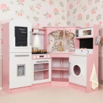 Голяма Детска Дървена Кухня GINGER HOME, Ъглова с Мивка с Течаща Вода, Звук и Светлина, Хладилник, Микровълнова, Пералня, Прозорец, Завеси и Аксесоари, 134x80x99 см