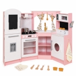 Голяма Детска Дървена Кухня GINGER HOME, Ъглова с Мивка с Течаща Вода, Звук и Светлина, Хладилник, Микровълнова, Пералня, Прозорец, Завеси и Аксесоари, 134x80x99 см