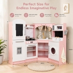 Голяма Детска Дървена Кухня GINGER HOME, Ъглова с Мивка с Течаща Вода, Звук и Светлина, Хладилник, Микровълнова, Пералня, Прозорец, Завеси и Аксесоари, 134x80x99 см