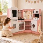 Голяма Детска Дървена Кухня GINGER HOME, Ъглова с Мивка с Течаща Вода, Звук и Светлина, Хладилник, Микровълнова, Пералня, Прозорец, Завеси и Аксесоари, 134x80x99 см