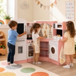 Голяма Детска Дървена Кухня GINGER HOME, Ъглова с Мивка с Течаща Вода, Звук и Светлина, Хладилник, Микровълнова, Пералня, Прозорец, Завеси и Аксесоари, 134x80x99 см