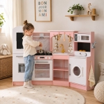 Голяма Детска Дървена Кухня GINGER HOME, Ъглова с Мивка с Течаща Вода, Звук и Светлина, Хладилник, Микровълнова, Пералня, Прозорец, Завеси и Аксесоари, 134x80x99 см