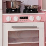 Голяма Детска Дървена Кухня GINGER HOME, Ъглова с Мивка с Течаща Вода, Звук и Светлина, Хладилник, Микровълнова, Пералня, Прозорец, Завеси и Аксесоари, 134x80x99 см