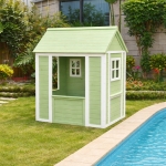 Детска Дървена Къщичка за Игра на Открито GINGER HOME – Градинска Къща за Деца, Зелено и Бяло, 107×90×144 см