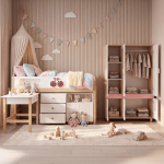 Комплект Детска Стая GINGER HOME CHERRY с Комбинирано Легло 90x200 см, Бюро, Скрин, Шкаф и Трикрилен Гардероб, Бяло, Розово и Натурално Дърво