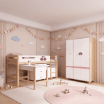 Комплект Детска Стая GINGER HOME CHERRY с Комбинирано Легло 90x200 см, Бюро, Скрин, Шкаф и Трикрилен Гардероб, Бяло, Розово и Натурално Дърво