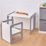 Монтесори Детска маса и Столче GINGER HOME, Дървен Комплект 3 в 1, бяло и сиво