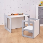 Монтесори Детска маса и Столче GINGER HOME, Дървен Комплект 3 в 1, бяло и сиво