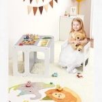 Монтесори Детска маса и Столче GINGER HOME, Дървен Комплект 3 в 1, бяло и сиво