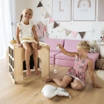Монтесори Комплект 2 в 1 GINGER HOME, Детска Маса със Столче и Катерушка Куб, Активна Маса за Игра, Натурално Дърво, 57x50x55 см
