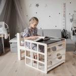 Монтесори Комплект 2 в 1 GINGER HOME, Детска Маса със Столче и Катерушка Куб, Активна Маса за Игра, Натурално Дърво, 57x50x55 см