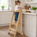 Монтесори Кула за Деца GINGER HOME, Сгъваемо Помощно Столче за Кухня, Learning Tower, Безопасна Детска Стълба, Масивно Натурално Дърво, 51x37x92 см