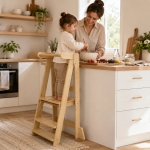 Монтесори Кула за Деца GINGER HOME, Сгъваемо Помощно Столче за Кухня, Learning Tower, Безопасна Детска Стълба, Масивно Натурално Дърво, 51x37x92 см