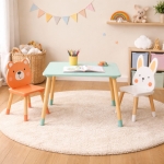Детска Дървена Маса с 2 Столчета GINGER HOME – Мече и Зайче, Комплект за Игра и Учене