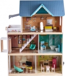 Дървен комплект, Hape, Къща за кукли с LED светлина, 18 части