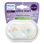 2 бр. светещи в тъмното ортодонтични залъгалки за новородени Philips AVENT SCF075/17 Ultra Start Night 0-2м, в оранжево и лилаво с декор луна и звезди, в кутия за стерилизиране