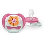 2 броя ортодонтски силиконови залъгалки Philips AVENT SCF080/27 Ultra Air Happy, 6-18м, с декорация в розово, в кутия за стерилизиране