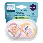 2 броя ортодонтски силиконови залъгалки Philips AVENT SCF080/27 Ultra Air Happy, 6-18м, с декорация в розово, в кутия за стерилизиране