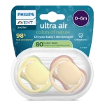 2 броя ортодонтски силиконови залъгалки Philips AVENT SCF087/07 Ultra Air Colors of Nature, 0-6м, пастелни едноцветни, в кутия за стерилизиране