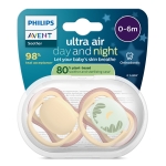 2 броя ортодонтски силиконови залъгалки Philips AVENT SCF087/09 Ultra Air Day and Night, 0-6м, пастелни цветове, унисекс, в кутия за стерилизиране