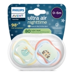 2 броя светещи в тъмното, ортодонтски силиконови залъгалки Philips AVENT SCF376/24 Ultra Air NightTime, 0-6м, с картинки, в кутия за стерилизиране