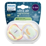2 броя светещи в тъмното, ортодонтски силиконови залъгалки Philips AVENT SCF376/25 Ultra Air NightTime, 0-6м, с картинки, в кутия за стерилизиране