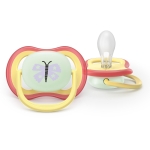 2 броя светещи в тъмното, ортодонтски силиконови залъгалки Philips AVENT SCF376/25 Ultra Air NightTime, 0-6м, с картинки, в кутия за стерилизиране
