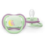 2 броя светещи в тъмното, ортодонтски силиконови залъгалки Philips AVENT SCF376/29 Ultra Air NightTime, 6-18м, с картинки, в кутия за стерилизиране