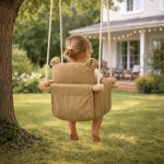Детска Дървена Люлка Мече GINGER HOME – Мека Памучна Седалка, до 30 кг, 28×28×196 см